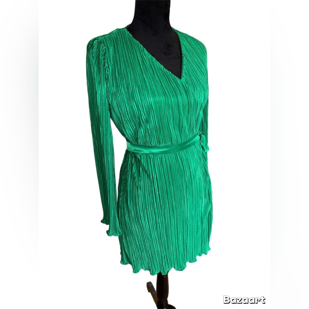 Pink Lily Green Pleated Wrap Dress with Bell Sleeves